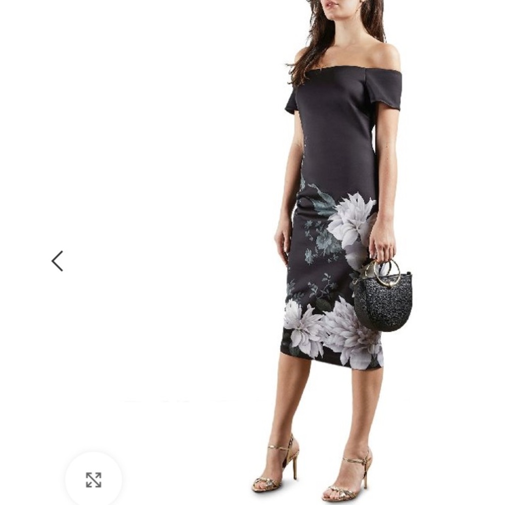 NOT FOR SALE. Ted Baker London Off-Shoulder Black Floral Midi Dress